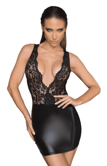 F214 Mini-robe en dentelle et Powerwetlook avec décolleté profond dans le dos